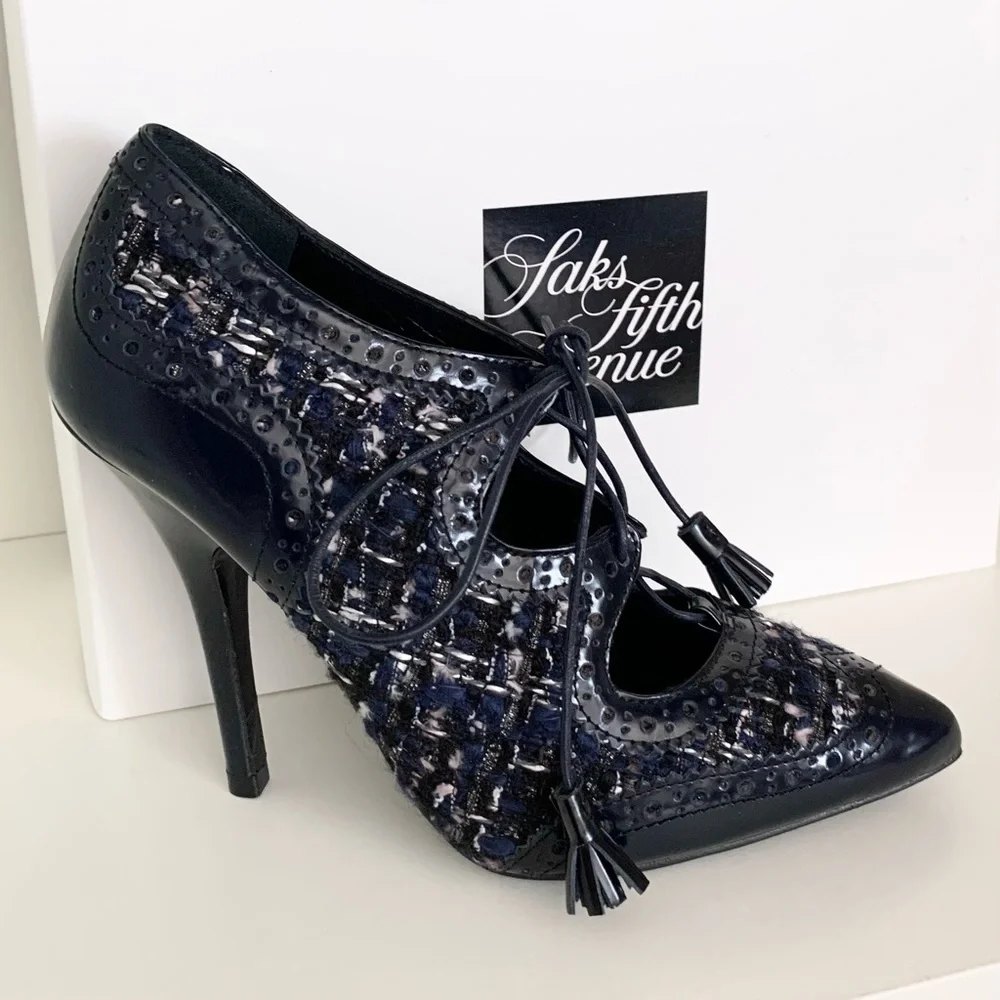 Tory Burch tweed tassel lace up oxford heels